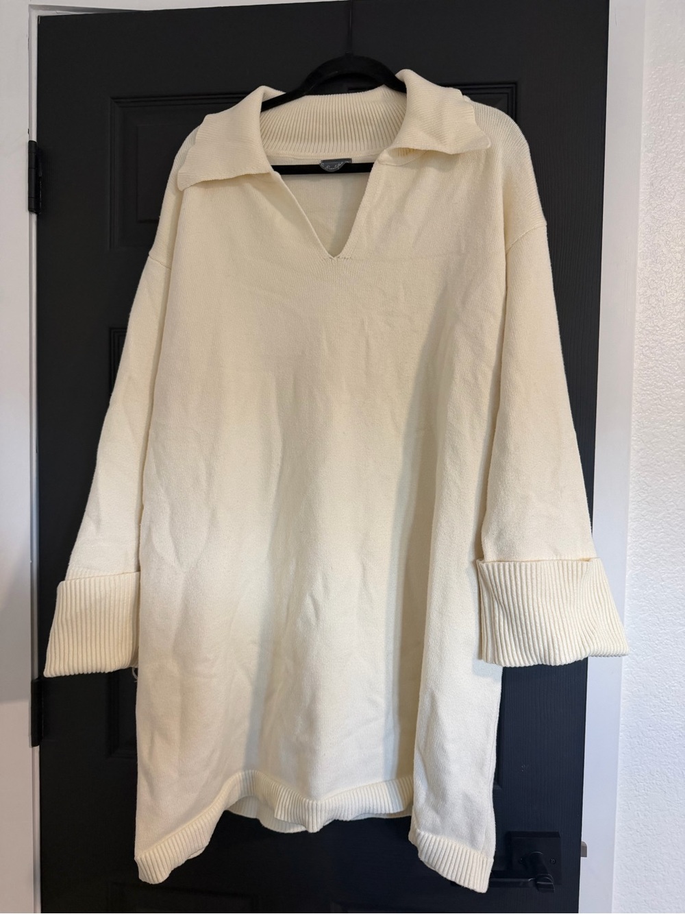 ARULA Lena Cream V-Neck Collared Knit Sweater Dress